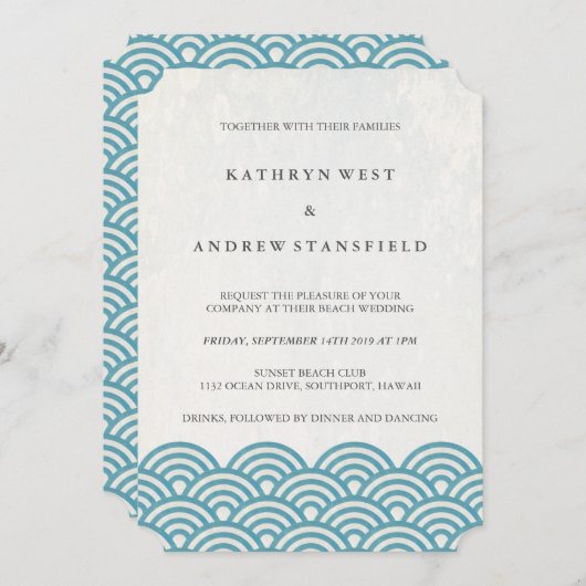 Invitation Classique Elégant Bleu/Vert + Blanc Plage Mariage (Devant / Derrière)