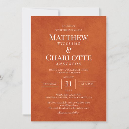 Invitation Classique Elegant Burnt Orange Mariage (Devant)