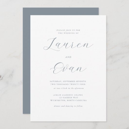 Invitation Classique Elégant Dusty Blue Grey Romatic Mariage (Devant / Derrière)