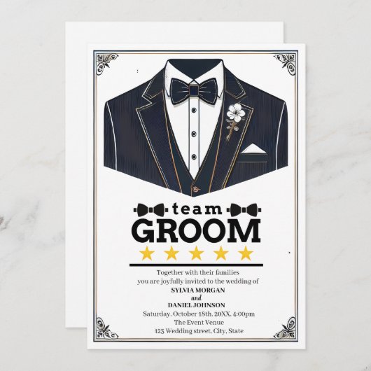 Invitation Classique Élégant Texte Noir et Blanc Équipe Marié (Devant / Derrière)