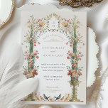 Invitation classique Enchanted Garden Wedding<br><div class="desc">Cette faire-part de mariage est une toile romantique peinte dans les tons doux d'un jardin anglais. Les fleurs de carnation rose, corail et ivoire descendent en cascade les urnes dorées ornées, symbolisant la croissance et la floraison de l'amour. L'arcade fleurie, ornée d'une végétation délicate, encadre les initiales du couple dans...</div>