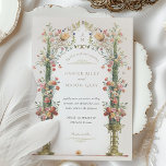 Invitation classique Enchanted Garden Wedding<br><div class="desc">Cette faire-part de mariage est une toile romantique peinte dans les tons doux d'un jardin anglais. Les fleurs de carnation rose, corail et ivoire descendent en cascade les urnes dorées ornées, symbolisant la croissance et la floraison de l'amour. L'arcade fleurie, ornée d'une végétation délicate, encadre les initiales du couple dans...</div>