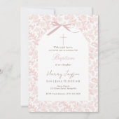 Invitation Classique fille chrétienne baptême toile rose (Devant)