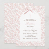 Invitation Classique fille chrétienne baptême toile rose (Devant / Derrière)