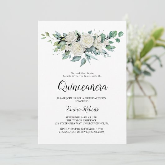 Invitation Classique Fleurs Blanches pour Quinceañ (Debout devant)
