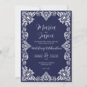 Invitation Classique Floral Bleu de la Marine Mexicaine Maria (Devant)