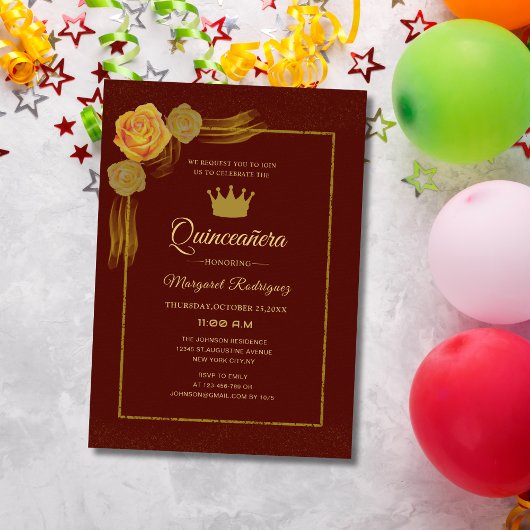 Invitation classique floral bordeaux et or quinceañera