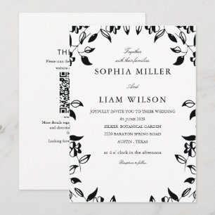 Invitation classique floral sauvage noir et blanc QR