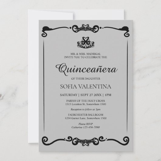 Invitation Classique gris noir Tiara Quinceanera (Devant)