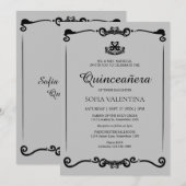 Invitation Classique gris noir Tiara Quinceanera (Devant / Derrière)
