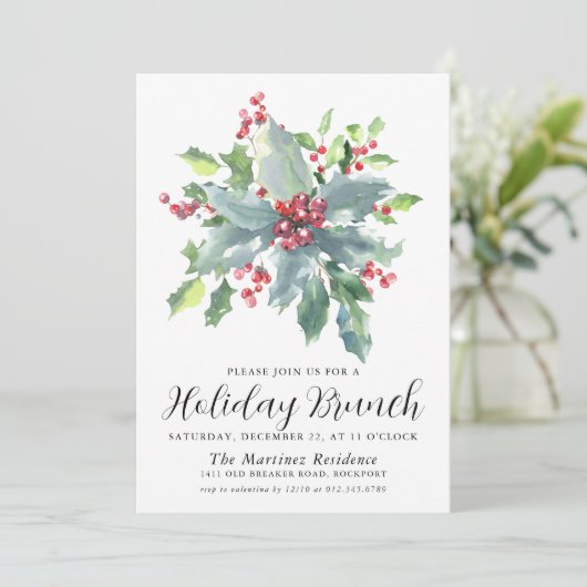 Invitation Classique Holly Berry verdure Brunch de vacances (Debout devant)