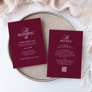 Invitation Classique Luxe Bourgogne Code QR de mariage tout