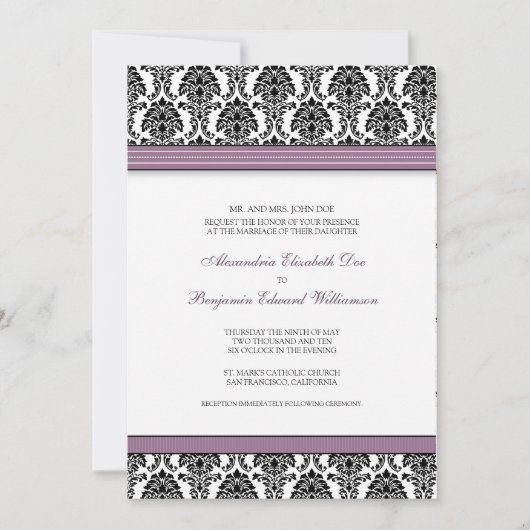 Invitation classique Mariage damassé (rubans lilas (Devant)