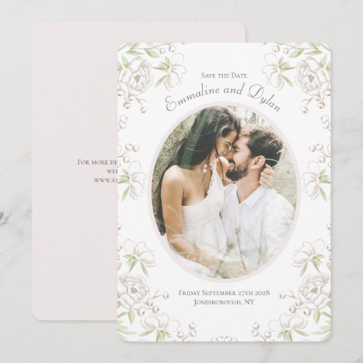 Invitation Classique Mariage Fleur Blanche Photo Save the Dat (Devant / Derrière)