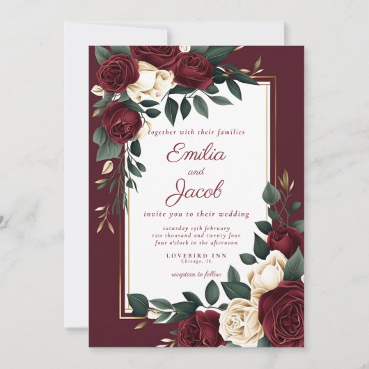 Invitation Classique Mariage Fleur Rose Blanche Bourgogne Or (Devant)