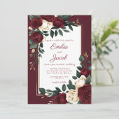 Invitation Classique Mariage Fleur Rose Blanche Bourgogne Or (Debout devant)