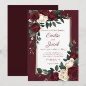 Invitation Classique Mariage Fleur Rose Blanche Bourgogne Or (Devant / Derrière)