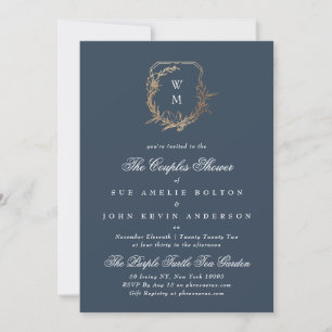 Invitation classique marine or motif monogramme couples douch
