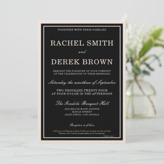 Invitation Classique moderne Élégant Noir Scripts Mariage (Debout devant)