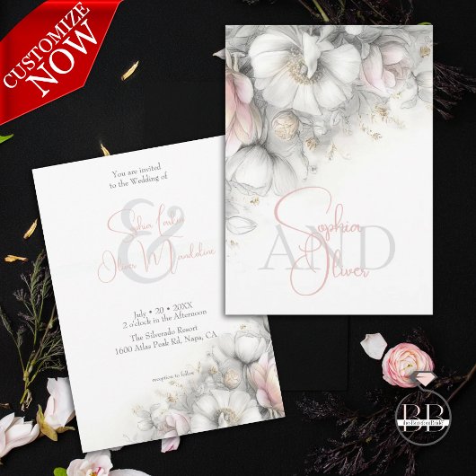 Invitation Classique Moderne Fleurs d'Ivoire et Rose