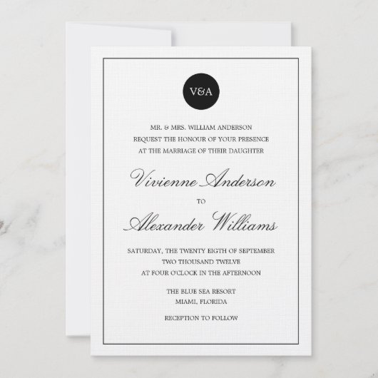 INVITATION CLASSIQUE MONOGRAMME | CARTON D'INVITATION DE MARI (Devant)
