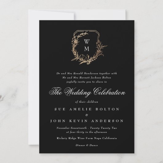 Invitation classique noir blanc monogramme mariage or crête (Devant)