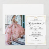 Invitation Classique Or Blanc Script Photo Quinceañera (Devant / Derrière)