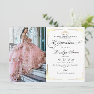 Invitation Classique Or Blanc Script Photo Quinceañera