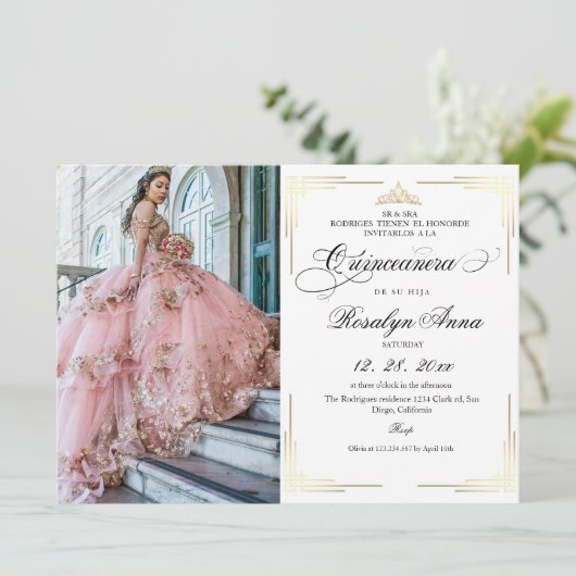 Invitation Classique Or Blanc Script Photo Quinceañera (Debout devant)