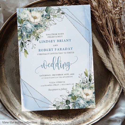 Invitation Classique Pastel Bleu Blanc Argent Rose Mariage