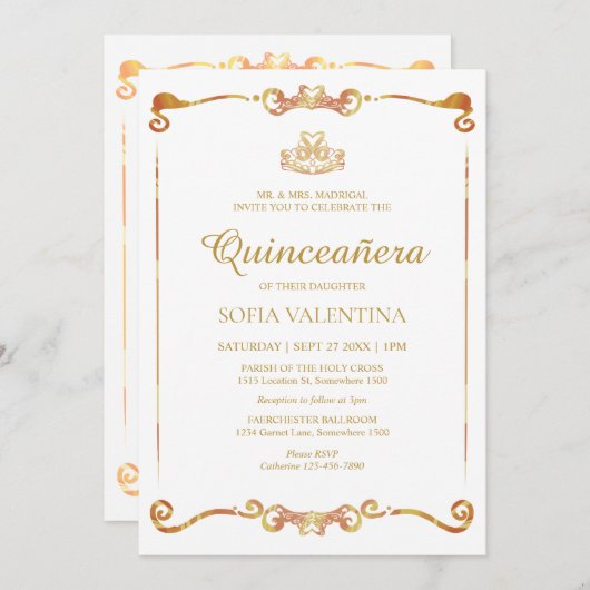 Invitation classique Quinceanera blanche et or (Devant / Derrière)