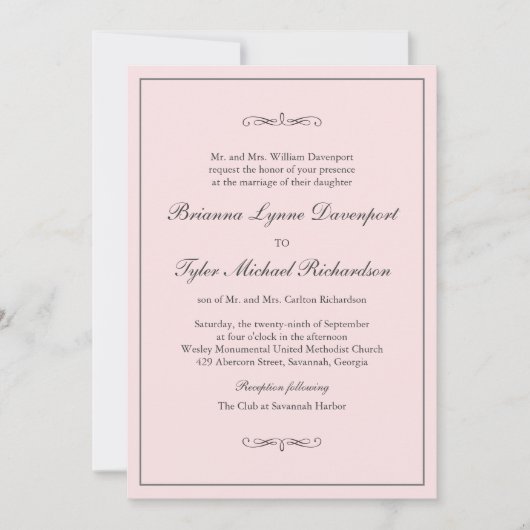 Invitation Classique Simple Elegance Blush Pink Mariage (Devant)