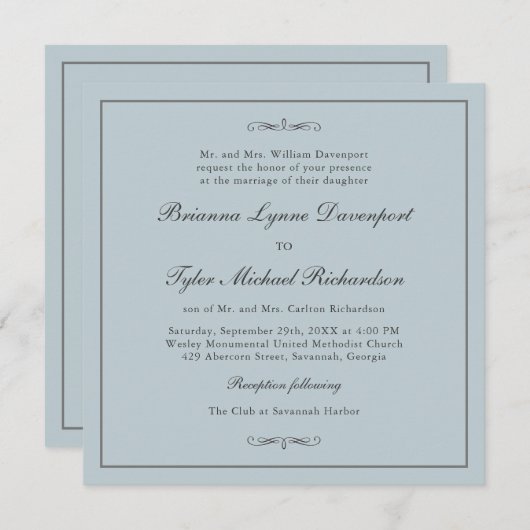 Invitation Classique Simple Elégance Dusty Blue Carré Mariage (Devant / Derrière)