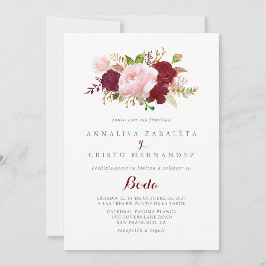 Invitation Classique Tropical Noir Bourgogne Mariage espagnol (Devant)