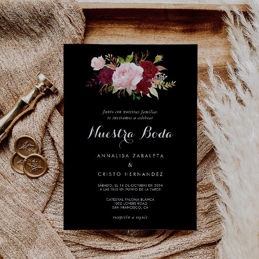 Invitation Classique Tropical Noir Bourgogne Mariage espagnol