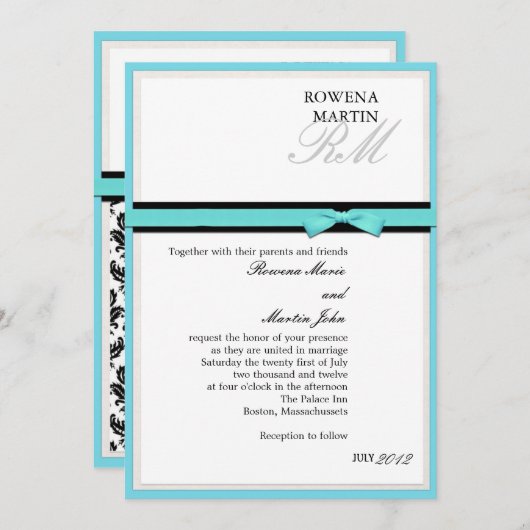 Invitation classique Turquoise et Noir Monogram (Devant / Derrière)