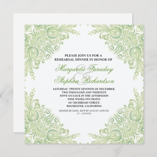 Invitation classique vert clair damask répétition dîner invit (Devant / Derrière)
