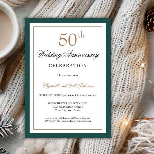 Invitation Classique Vert Or 50e Anniversaire de Mariage