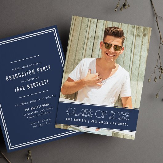 Invitation Classique vintage | Navy Blue Photo Graduation Par