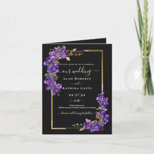 Invitation Classique Violet Noir Floral Cadre Doré Plié