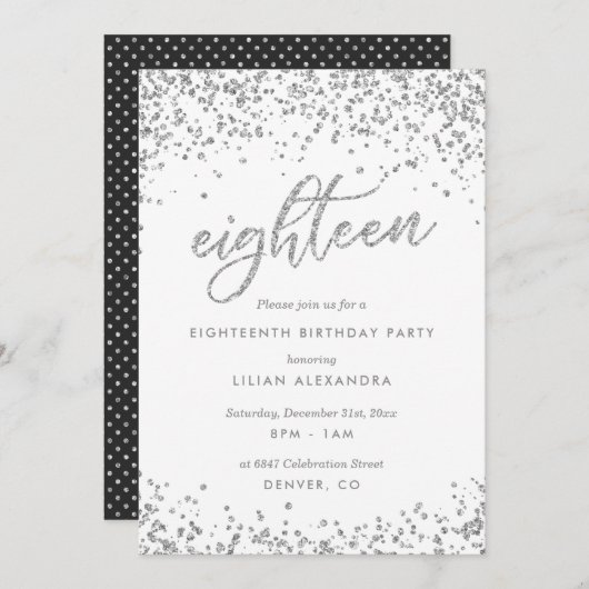 Invitation Classy 18th Birthday Invitation, Sparkly Confetti (Devant / Derrière)