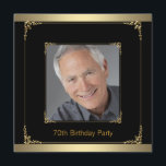 Invitation Classy Black and Gold 70th Birthday Party<br><div class="desc">Belle photo noir et or 70e anniversaire modèle d'invitation fête. Cette invitation à la fête d'anniversaire en noir et or, élégante et classe, est facilement customisée pour votre événement en cliquant simplement sur le bouton "Customiser!" pour commencer à ajouter les détails de votre événement, le style de police, la taille...</div>
