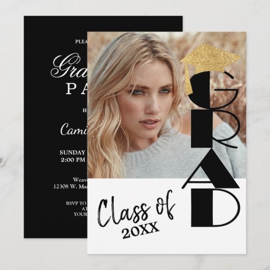 Invitation Classy Black and Gold Photo Graduation (Devant / Derrière)