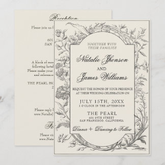 Invitation Classy Black Cream Floral Boho All In One Wedding