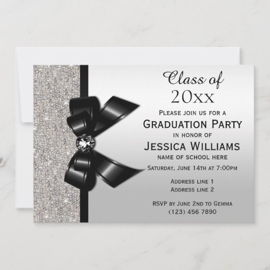 Invitation Classy Black Gem Bow, Silver Sequins Graduation (Devant)