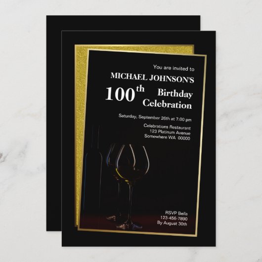 Invitation Classy Black Gold Parties scintillant 100e anniver (Devant / Derrière)