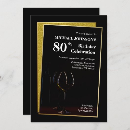 Invitation Classy Black Gold Parties scintillant 80e annivers (Devant / Derrière)