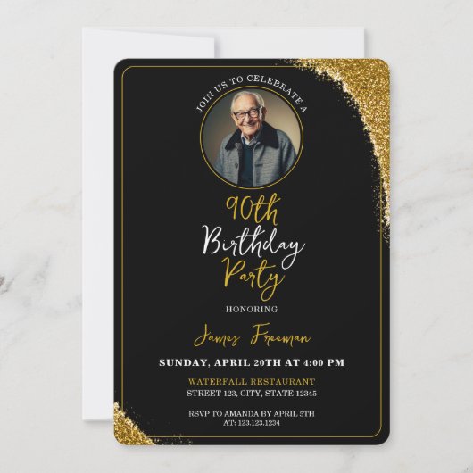 Invitation Classy Black & Gold Photo 90e anniversaire (Devant)