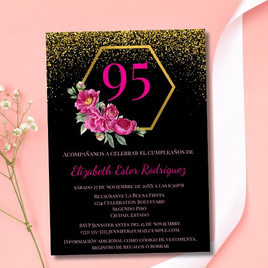 Invitation Classy Black Gold & Pink 95e anniversaire