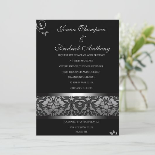 Invitation Classy Black Mariage damassé (Debout devant)